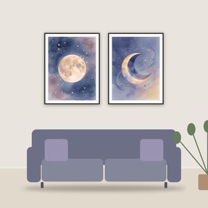 celestial printable art framed above a sofa in a styled living room