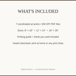 What's included: 7 art prints as 300 DPI PDFs in three sizes plus printing guide and thank-you card