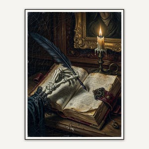 Skeleton hand writing in grimoire by candle