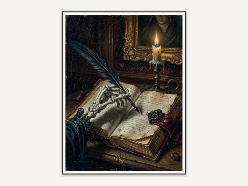 Skeleton hand writing in grimoire by candle
