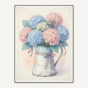 Pale blue and pink hydrangeas in enamel pitcher
