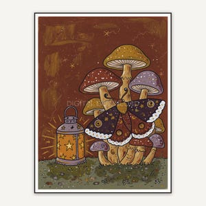 Whimsigoth primitive folk painting of moth on mushrooms near lantern