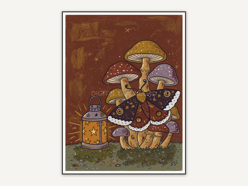 Whimsigoth primitive folk painting of moth on mushrooms near lantern