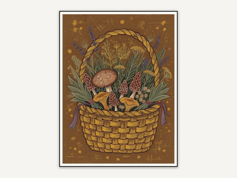 Herbs and mushrooms in woven basket
