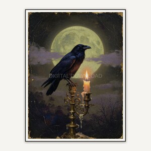 Vintage oil painting style raven on candlestick with full moon