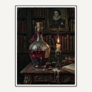 Ornate potion bottle and candle on carved wooden table