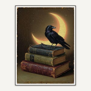 Vintage oil painting of stacked books with crow and crescent moon