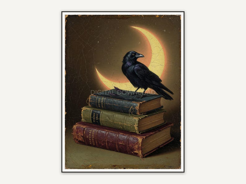 Vintage oil painting of stacked books with crow and crescent moon