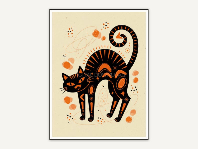 Atomic style black cat silhouette on cream background
