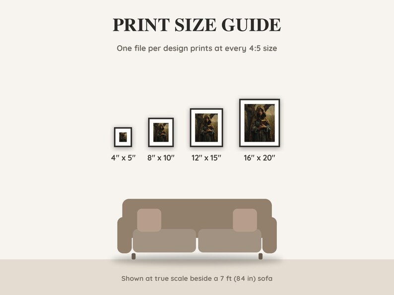 Print size guide showing 4x5, 8x10, 12x15 and 16x20 inch Halloween prints at true scale beside a sofa