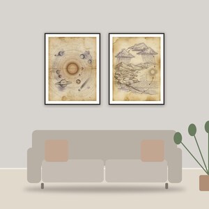 vintage educational prints printable art framed above a sofa in a styled living room