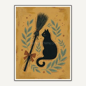 Broom and black cat in sage and rust tones