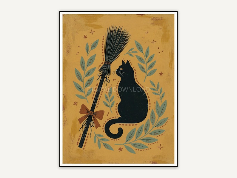 Broom and black cat in sage and rust tones
