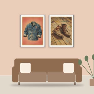vintage workwear art printable art framed above a sofa in a styled living room