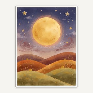 Large golden harvest moon over rolling hills