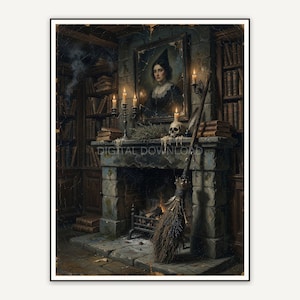 Witch's broom leaning against stone fireplace mantel