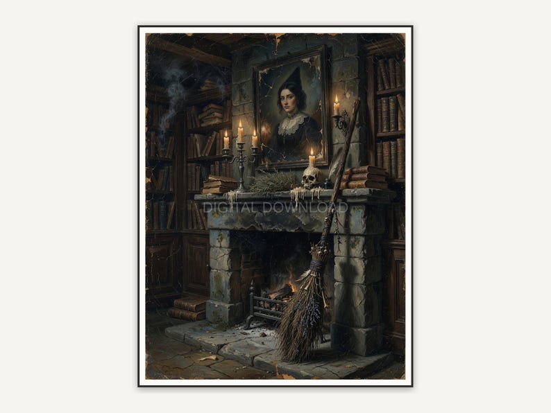 Witch's broom leaning against stone fireplace mantel