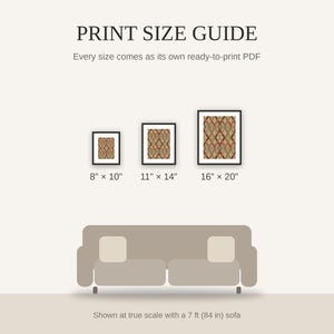 Print size guide showing 8x10, 11x14, and 16x20 framed prints at true scale beside a sofa