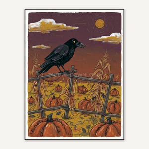 Whimsigoth primitive folk painting of crow on pumpkin fence with corn