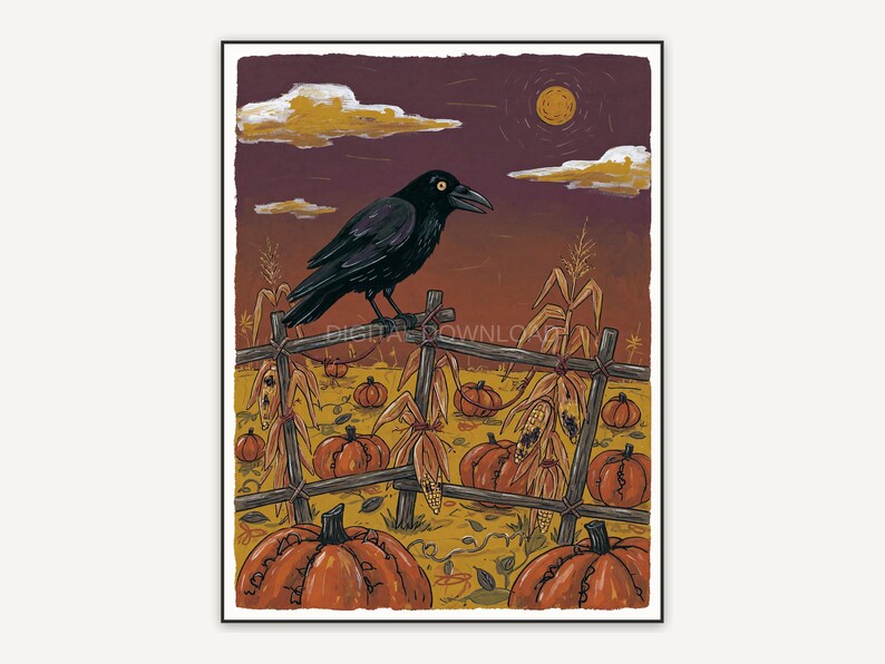 Whimsigoth primitive folk painting of crow on pumpkin fence with corn