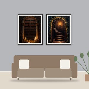 Shadowed Arch Studies printable art framed above a sofa in a styled living room