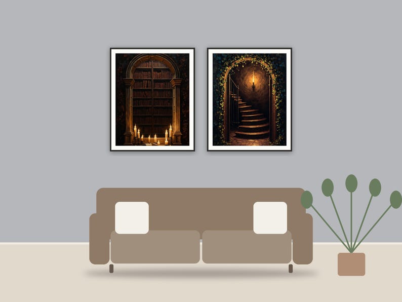 Shadowed Arch Studies printable art framed above a sofa in a styled living room