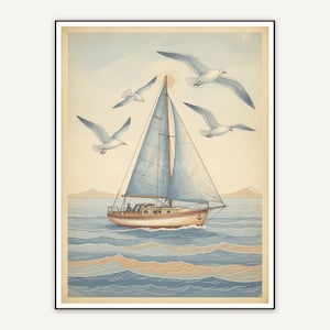 Faded sailboat with seagulls for porch wall