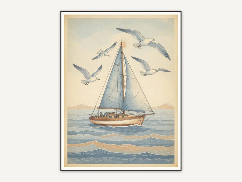 Faded sailboat with seagulls for porch wall