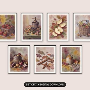 Set of 7 warm harvest still life printable prints shown as a gallery wall