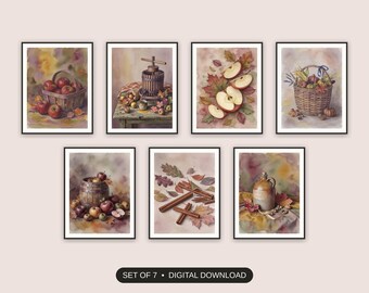 Cider Mill Harvest Prints Set of 7 | Warm Autumn Still Life for Kitchen | Fall Equinox Digital Download