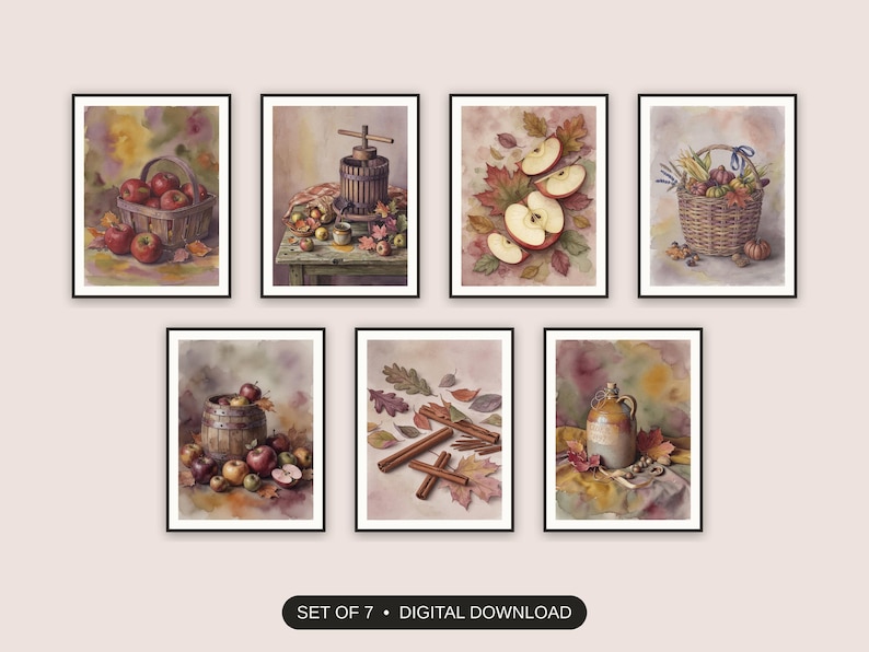 Set of 7 warm harvest still life printable prints shown as a gallery wall
