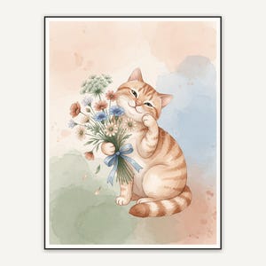 Ginger cat holding wildflower bouquet