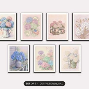 Set of 7 floral americana printable prints shown as a gallery wall