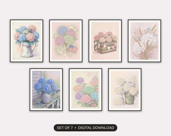 Hydrangea Americana Prints Set of 7 | Vintage Floral Summer Decor | Labor Day Digital Download