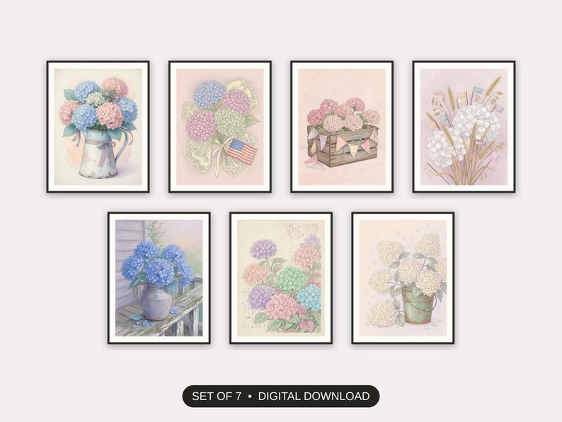 Set of 7 floral americana printable prints shown as a gallery wall
