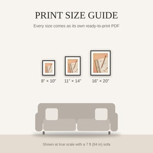 Print size guide showing 8x10, 11x14, and 16x20 framed prints at true scale beside a sofa