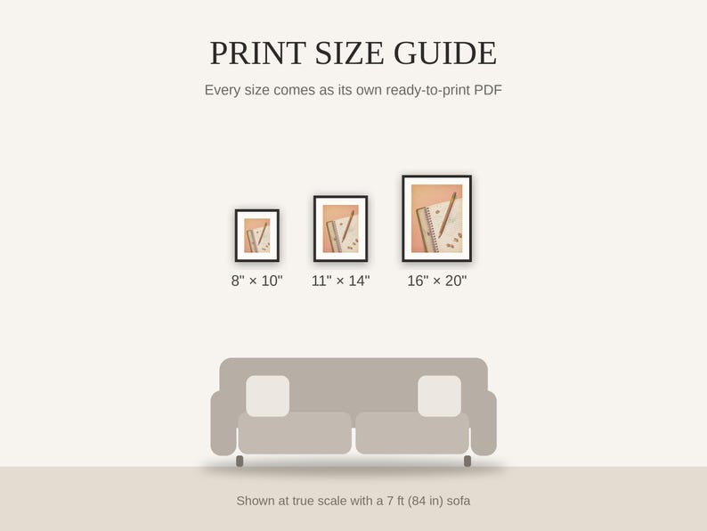 Print size guide showing 8x10, 11x14, and 16x20 framed prints at true scale beside a sofa