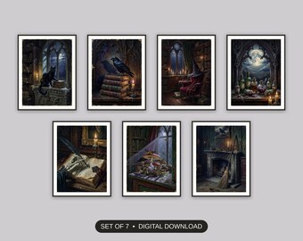 Decorazioni da strega, set di 7 stampe, arte murale gotica dark academia, angolo studio in biblioteca, parete galleria per la stagione spettrale, download digitale
