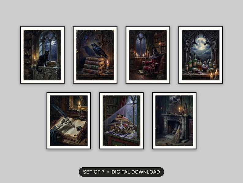 Set of 7 halloween decor and spooky season wall art printable prints shown as a gallery wall