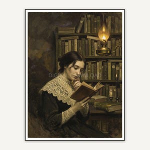 Woman reading by lamplight