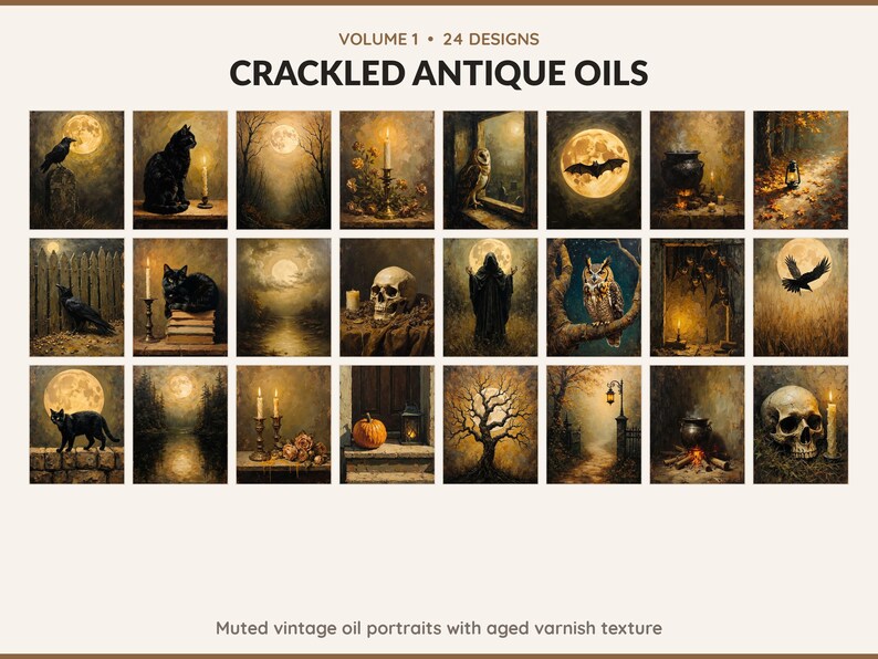Volume 1 Crackled Antique Oils: 24 printable Halloween art designs, muted vintage oil portraits with aged varnish texture