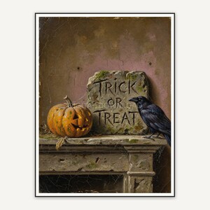 Stone mantel Halloween quote print Trick Or Treat with pumpkin and raven