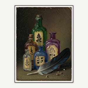 Vintage oil painting of antique potion bottles with raven feather