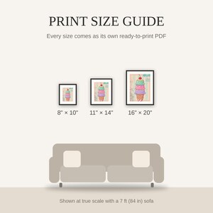 Print size guide showing 8x10, 11x14, and 16x20 framed prints at true scale beside a sofa