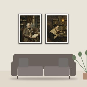 vintage portrait printable art framed above a sofa in a styled living room