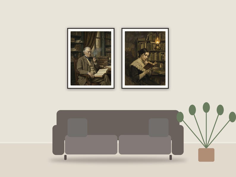 vintage portrait printable art framed above a sofa in a styled living room