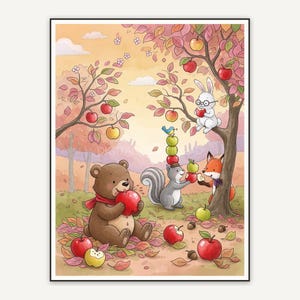 Hedgehog with apple in soft watercolor storybook style