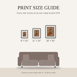 Print size guide showing 8x10, 11x14, and 16x20 framed prints at true scale beside a sofa
