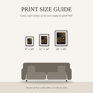 Print size guide showing 8x10, 11x14, and 16x20 framed prints at true scale beside a sofa