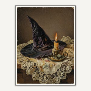 Vintage oil painting of witch hat beside candle